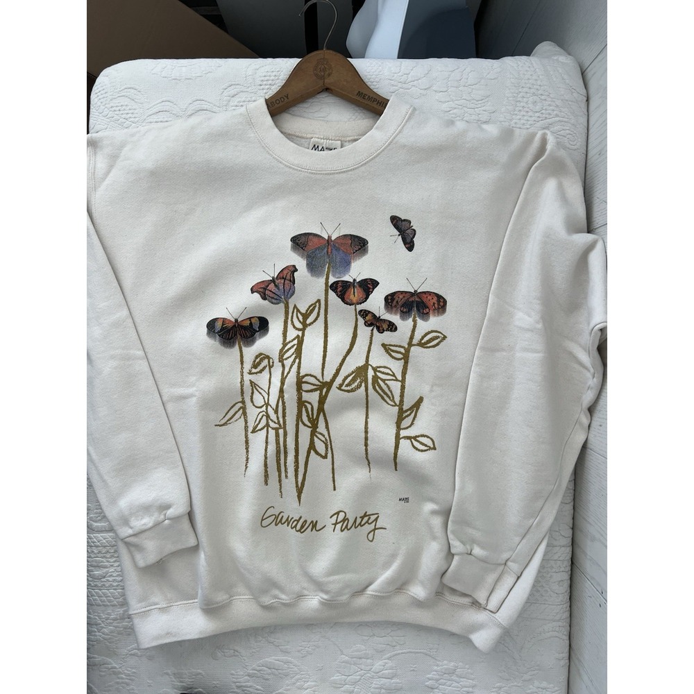 Vintage 90's Maze Garden Party Butterfly Sweatshirt Women's L Cream White USA